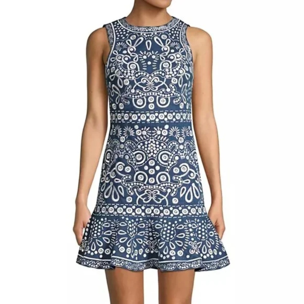 Alice + Olivia Rapunzel Mini Dress Embroidered Blue Denim Floral Dot Chambray